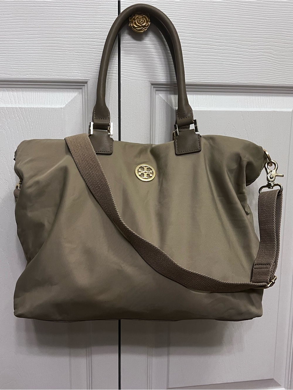 Tory Burch Olive gray Nylon Tote with Gold Logo
